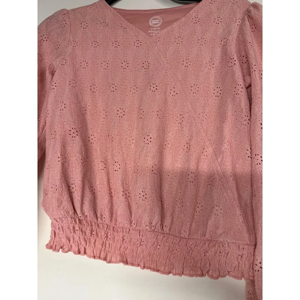 Wonder Nation Girls L 10-12 Pink Eyelet Bell Sleeve Top Cottagecore Long Sleeve